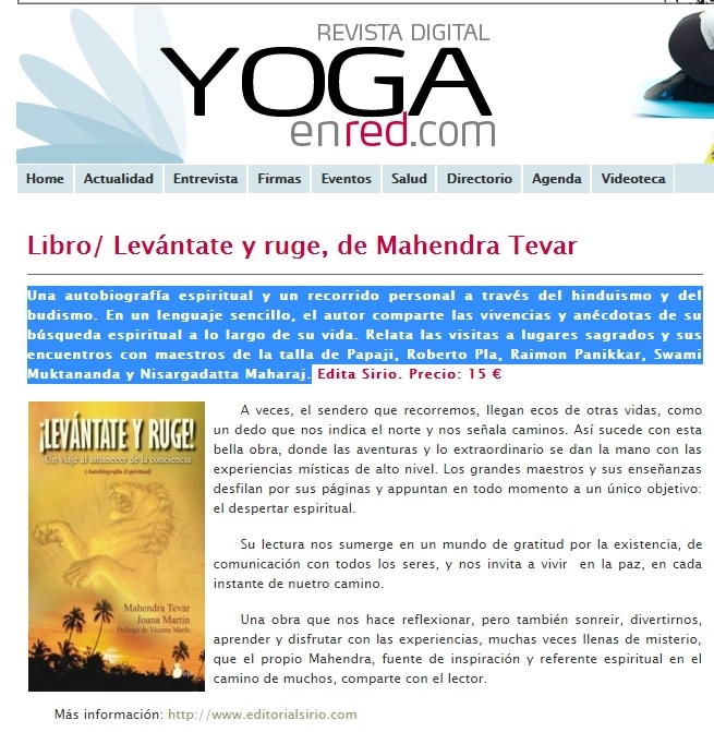 La revista digital ‘Yoga en red’ recomienda el libro LEVÁNTATE Y RUGE